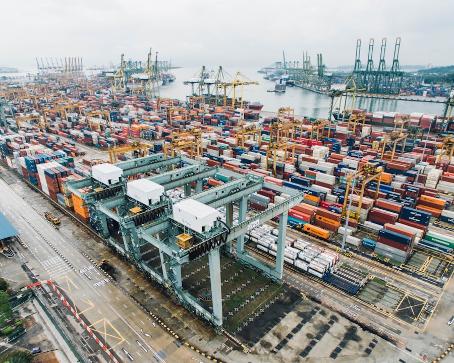 Container ship docked at an international port, viewed from above.